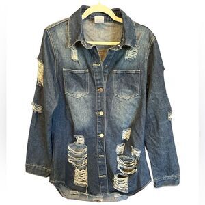 Women’s Jean Jacket distressed denim rhinestone Rise design on back Size M NWOT